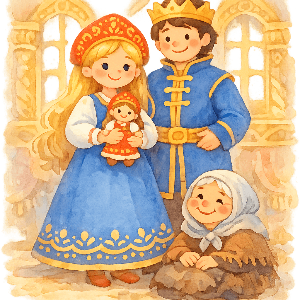 Царь и Василиса в царской палате празднуют свадьбу, рядом старушка и кукла