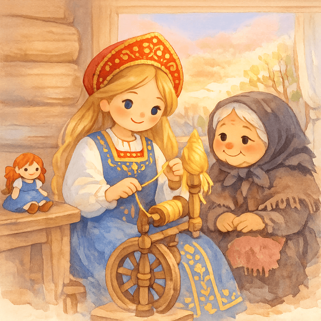 Василиса у старушки прядет льняную пряжу, рядом волшебная кукла