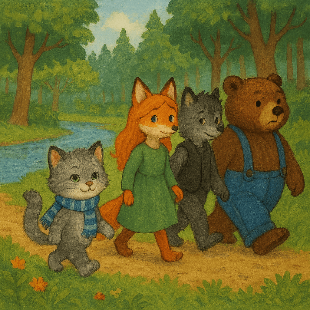 Кот, Лиса, Волк и Медведь направляются к реке