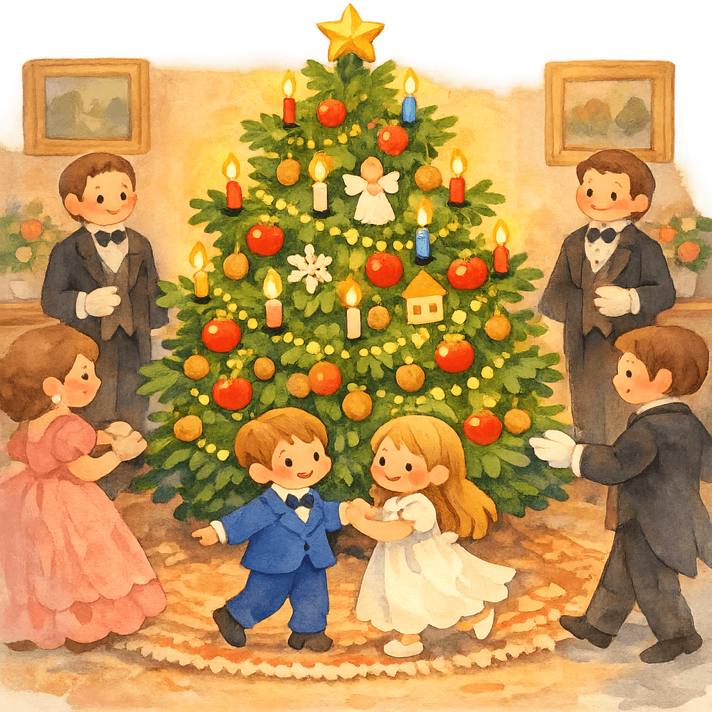 Наряженная елка в праздничной гостиной, вокруг празднуют дети и взрослые