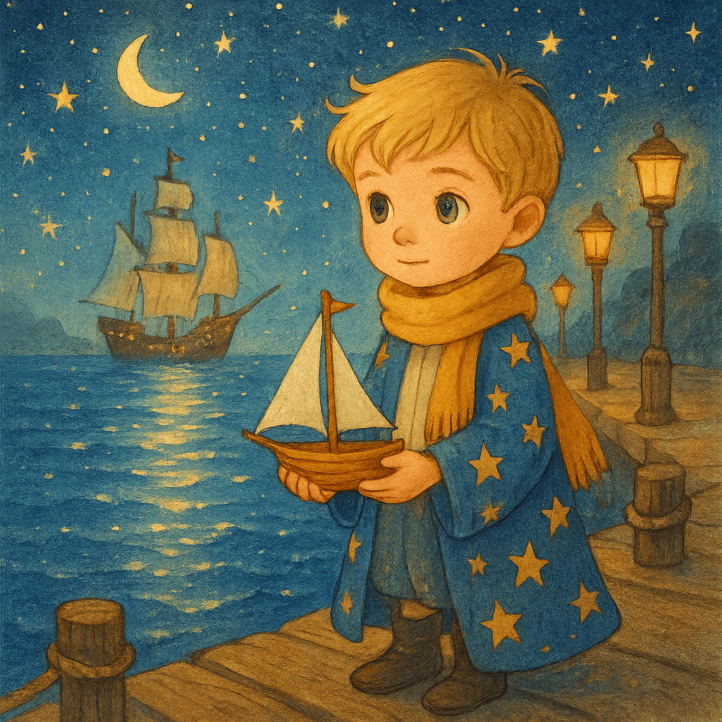 Маленький принц у пристани под звёздным небом