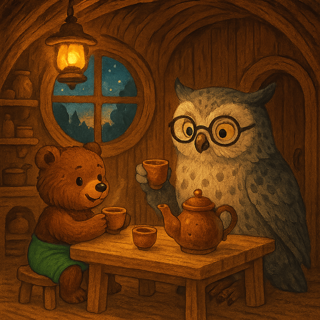 Медвежонок и сова вместе пьют чай вечером в уютной лесной кухне.