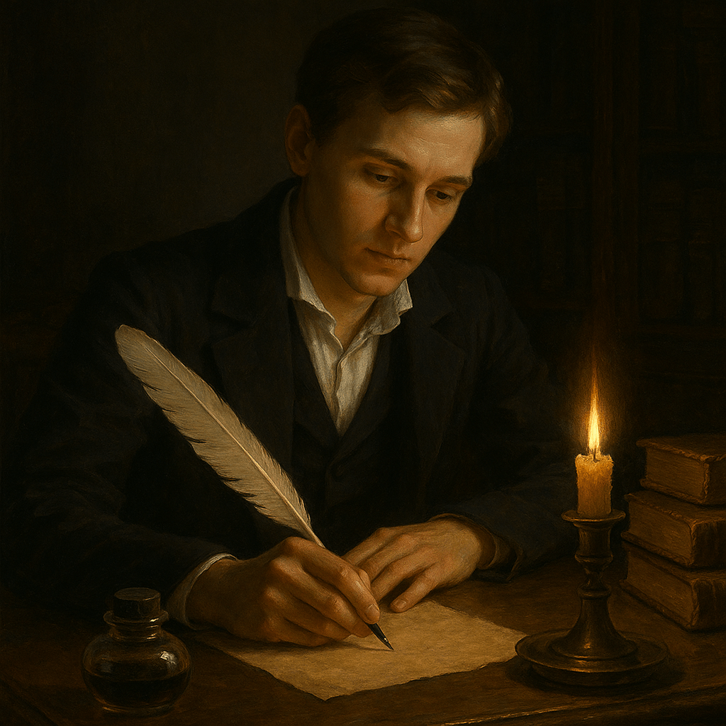 Поэт пишет ночью за столом после концерта, мысленно вдохновлённый музыкой