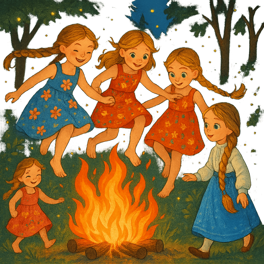 Девушки прыгают через костёр, Снегурочка готовится прыгнуть последней