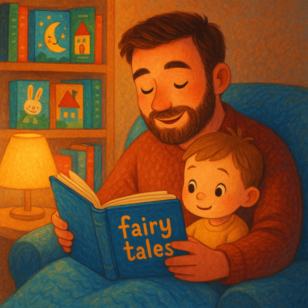 Семья читает книжку малышам, уютно и ярко