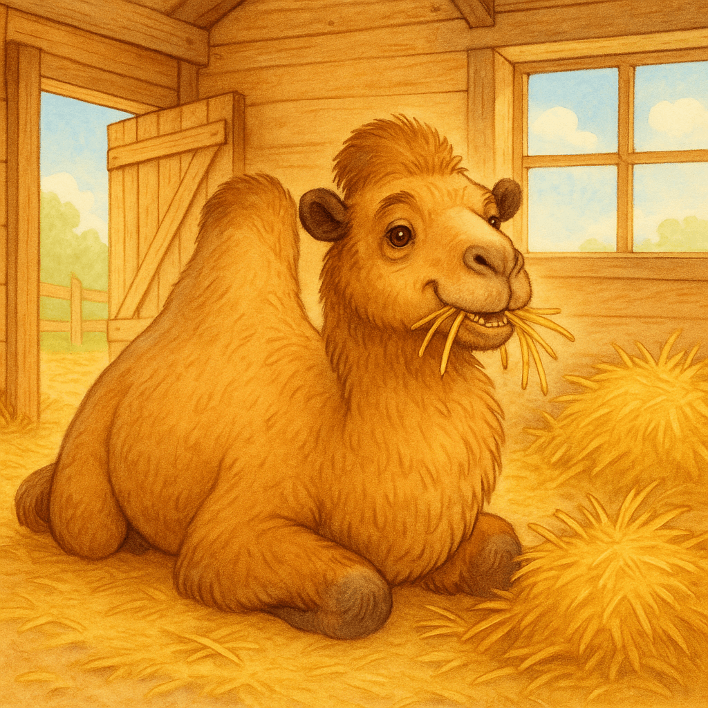 Верблюд отдыхает в хлеву, жуёт сено.