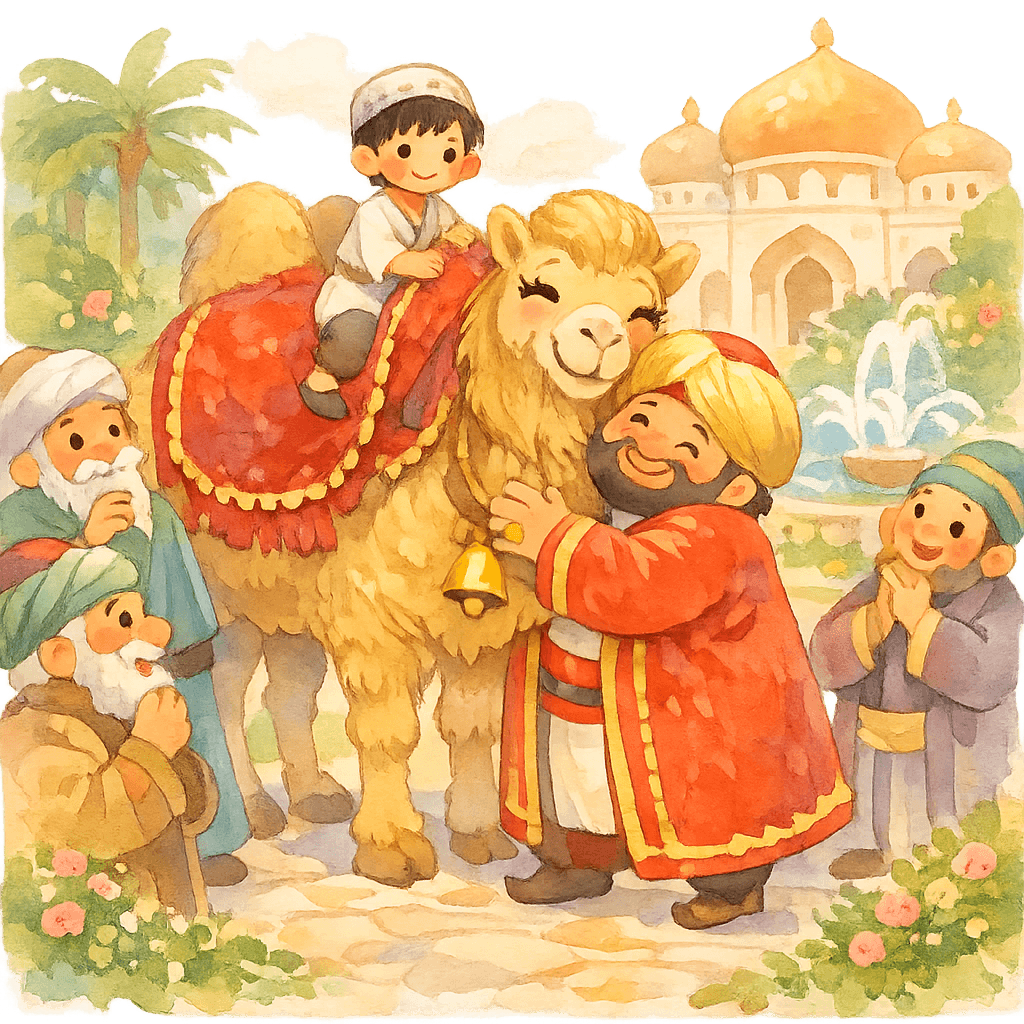 Хан обнимает и благодарит верблюда, все радуются