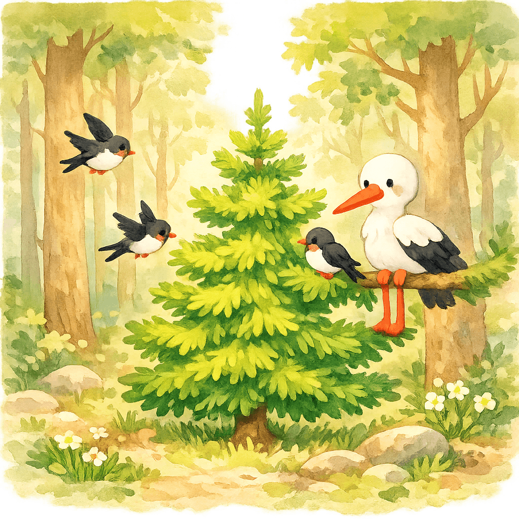 Елочка беседует с аистом и ласточками весной