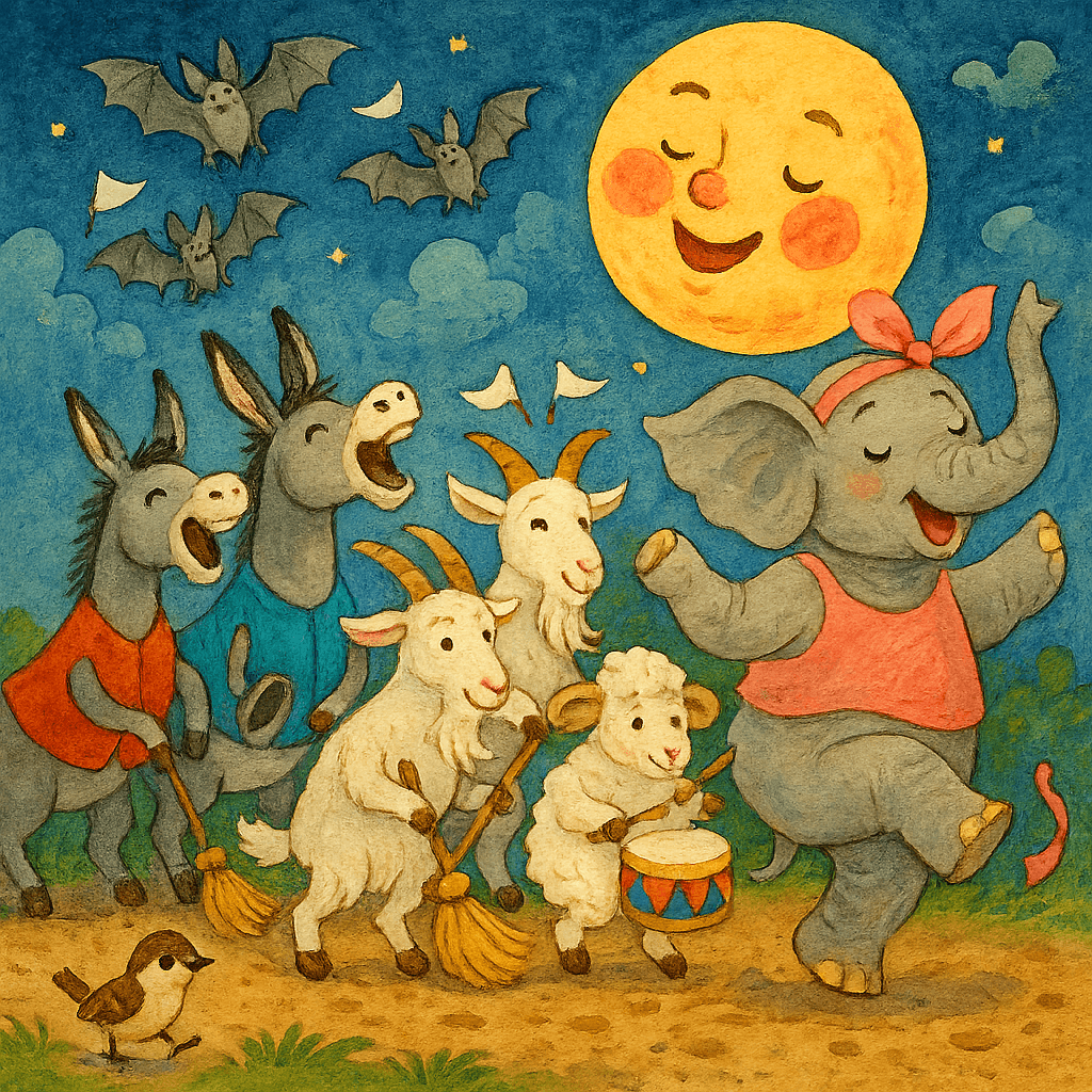 Праздник зверей в честь победы над Тараканом, слониха танцует, луна падает с неба.