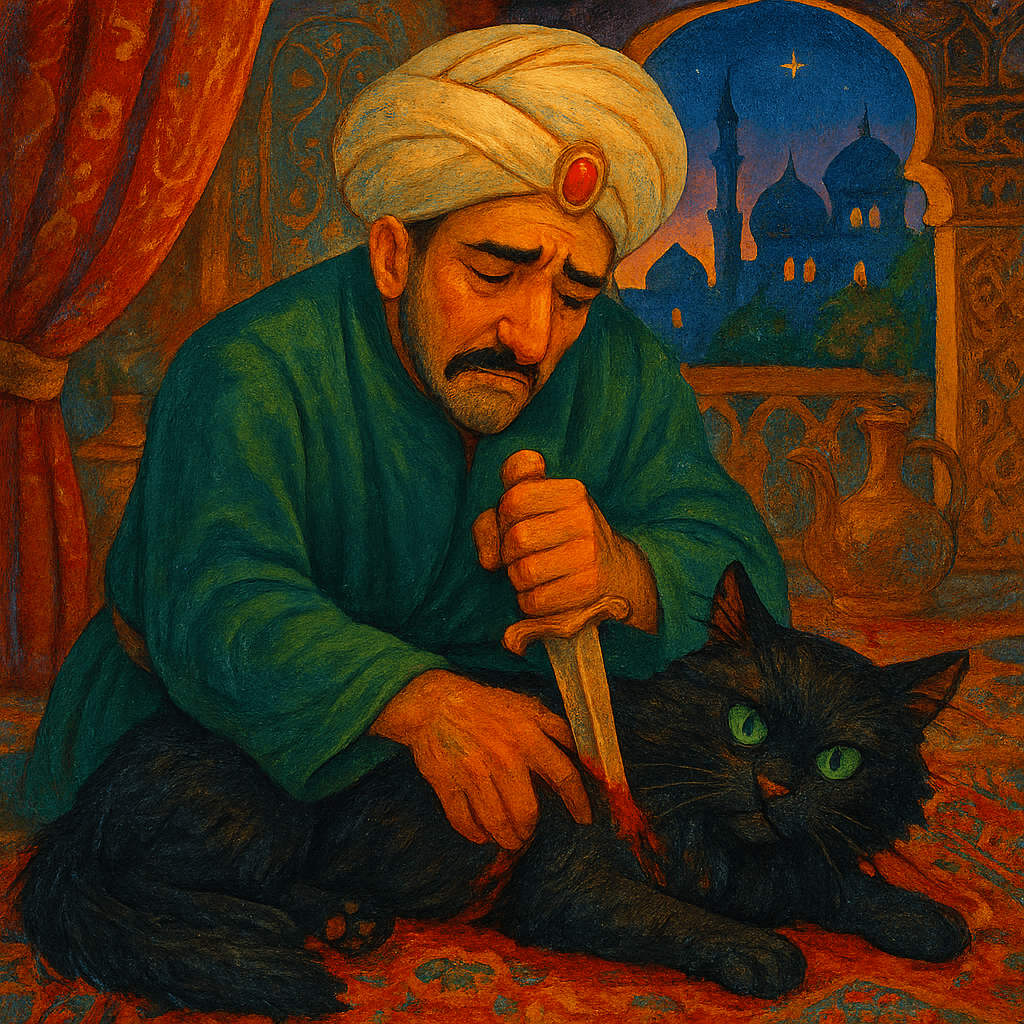 Огорченный визирь убивает кошку, чтобы спасти дочь.