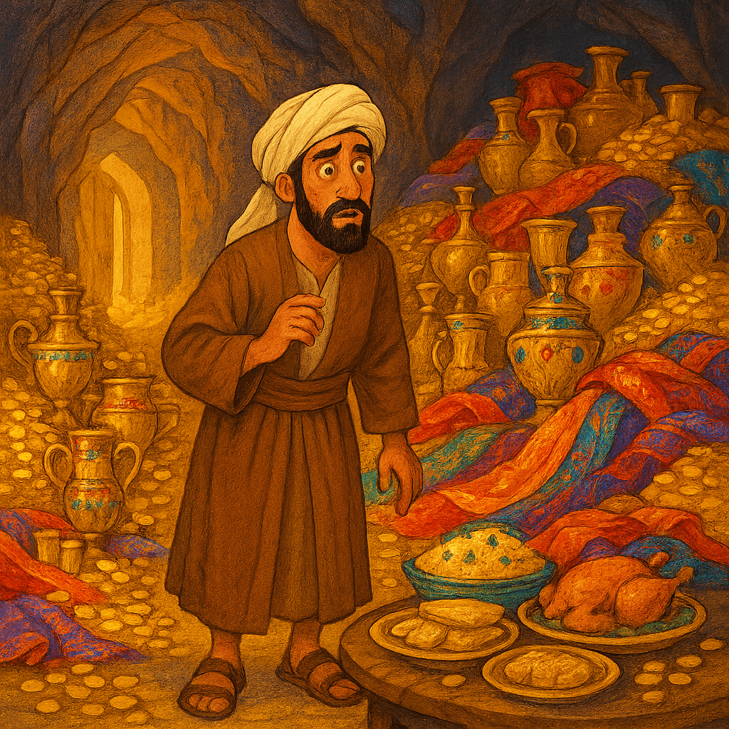 Али-Баба впервые входит в пещеру с сокровищами разбойников и поражен богатством, окружающим его внутри освещенной пещеры.