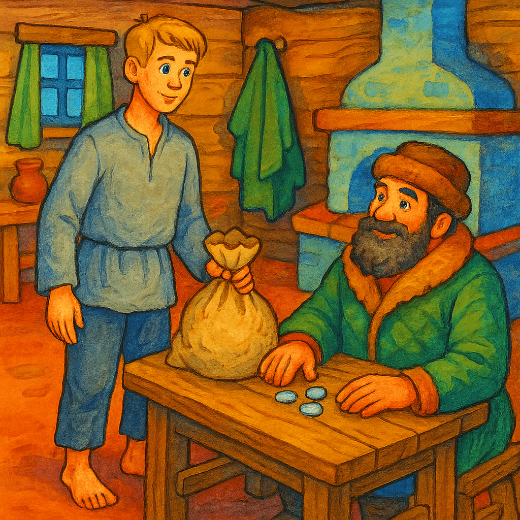 Работник выбирает одну монетку у стола в бедном доме