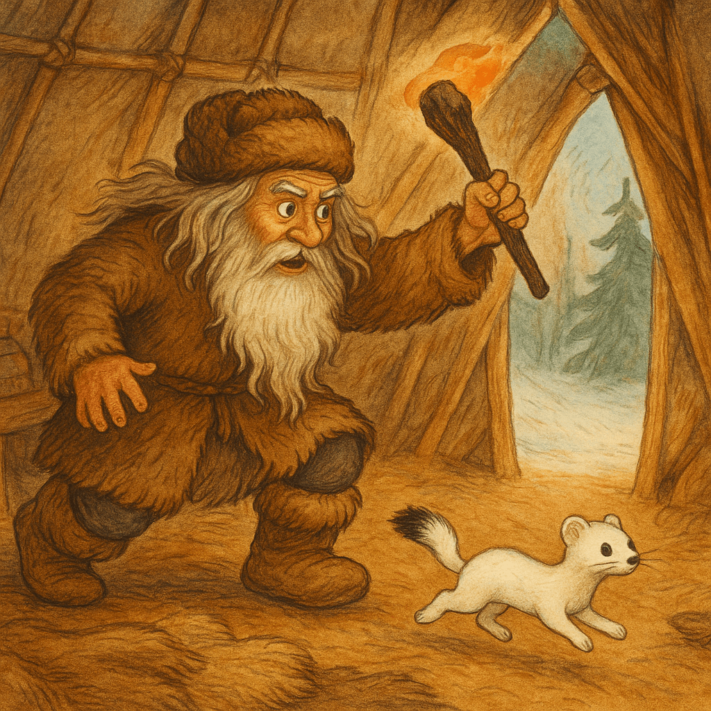 Старик задевает головешкой кончик хвоста горностая