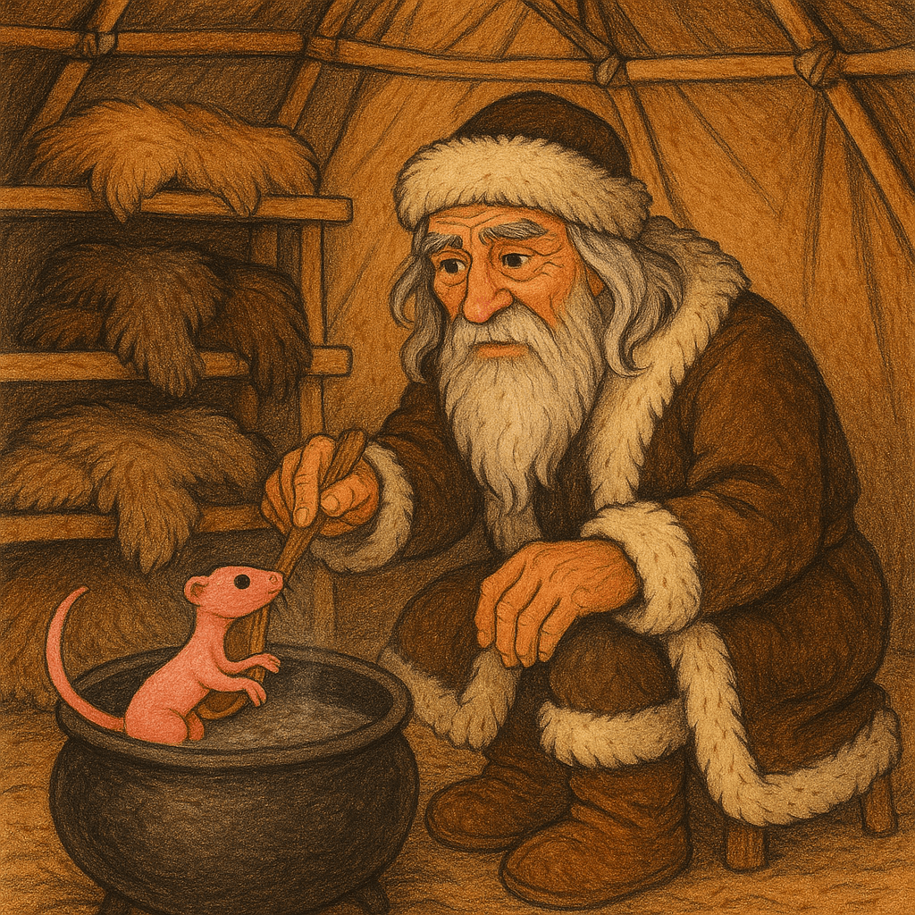 Старик вылавливает розового голенького горностая из казана в чуме