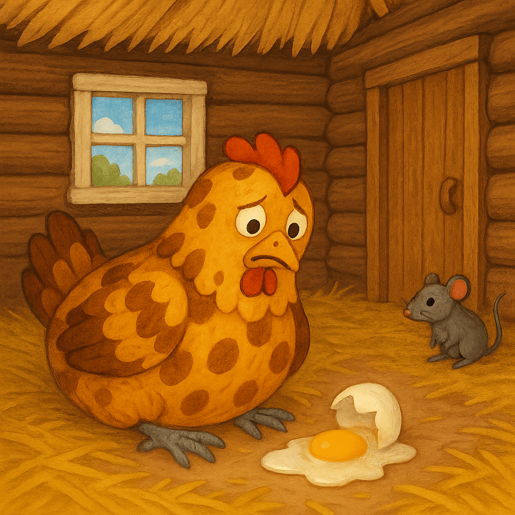 Курочка Ряба грустит в курятнике из-за разбившегося яйца, рядом пробегающая мышка.