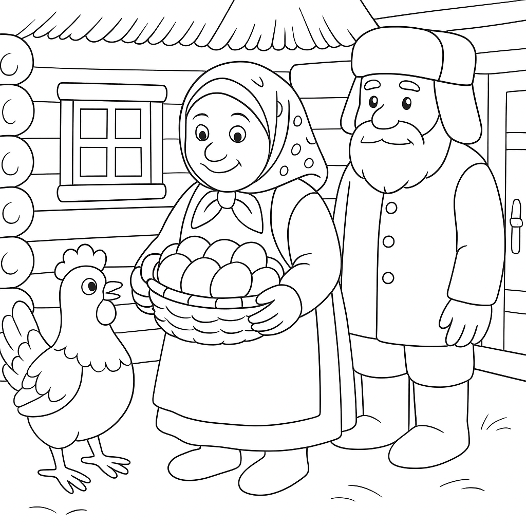 Раскраска по сказке "Курочка ряба и десять утят"