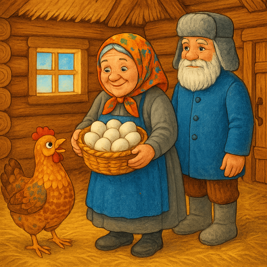 Баба приносит корзину с утиными яйцами курочке Рябе в деревянный курятник, дед рядом.