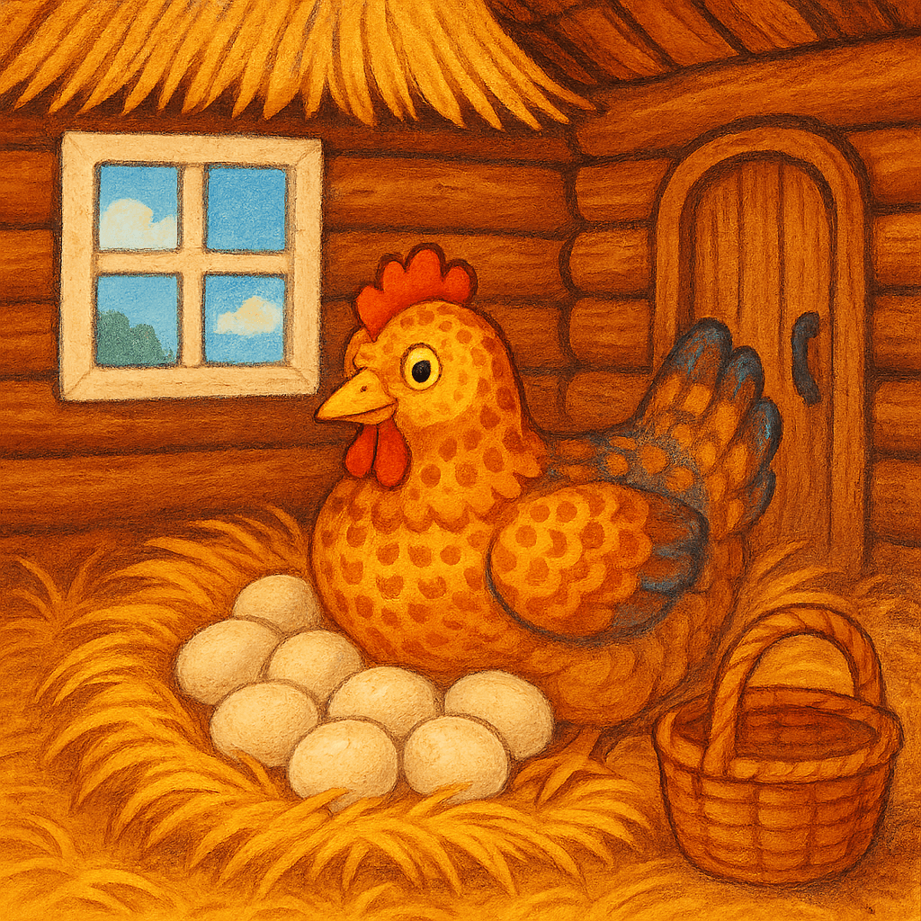 Курочка Ряба высиживает утиные яйца в курятнике.