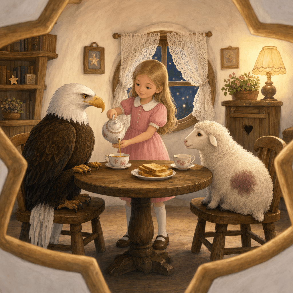 Орел, Мэри и овечка за столом, чай и поджаренный хлеб