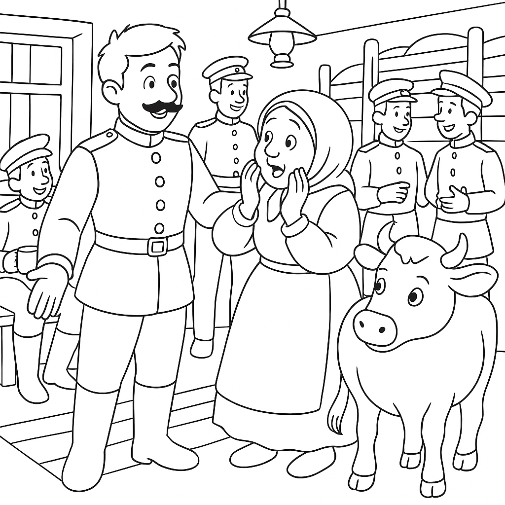 Раскраска по сказке "Солдатская школа"