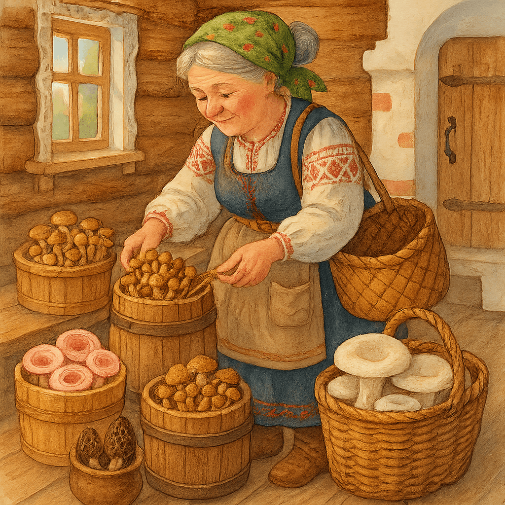 Тётка Варвара дома раскладывает грибы: волнушки в кадушки, опёнки в бочонки, сморчки в бурачки, грузди в кузовки; боровик в вязке на верёвке