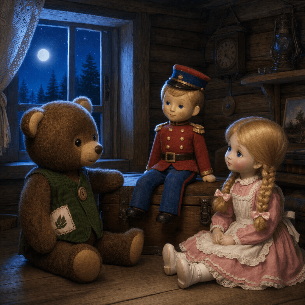 Медвежонок Миша, солдатик Петя и кукла Маша ночью в сторожке у сундука.