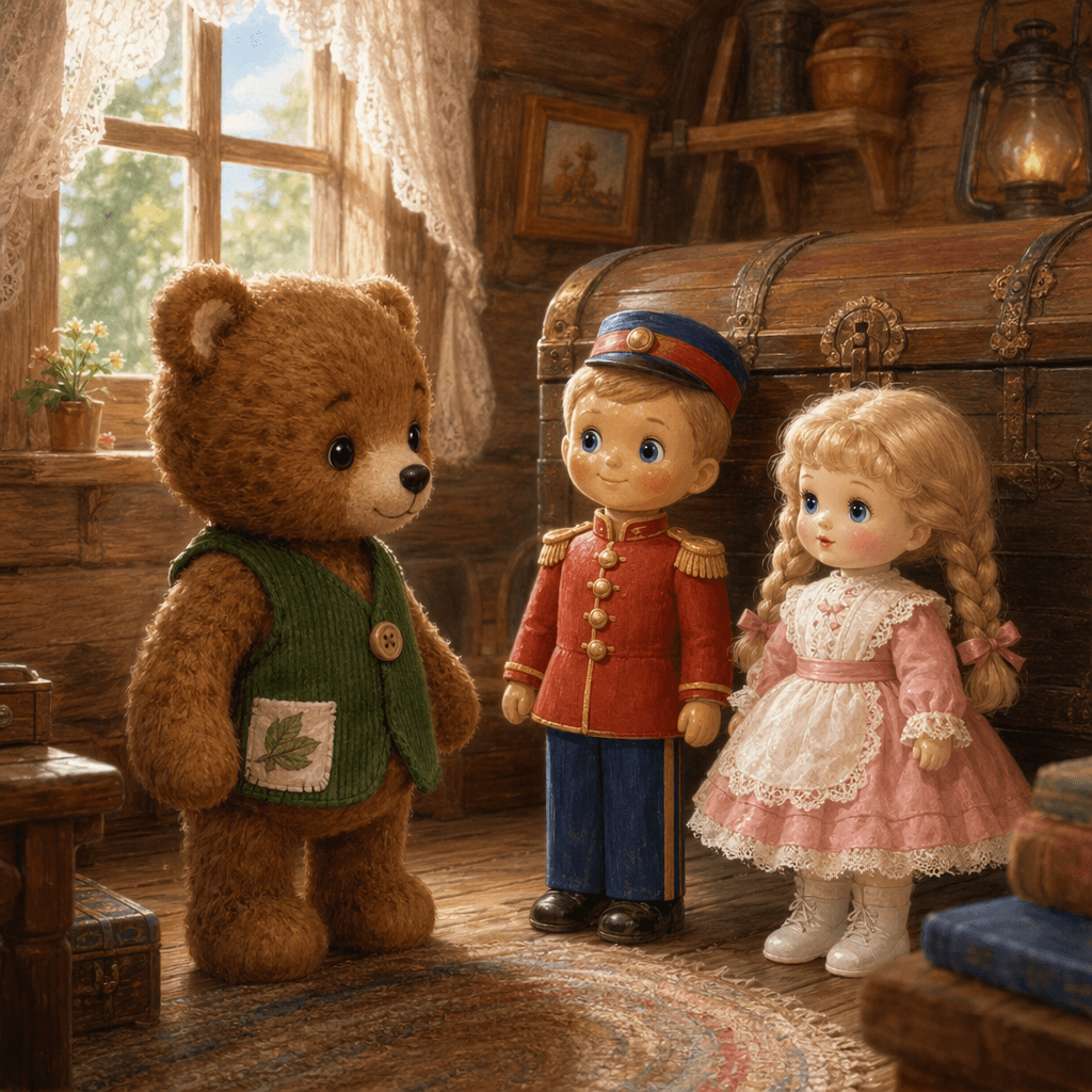 Игрушки — Миша, Петя и Маша — в сторожке ночью около сундука и окошка, у медвежонка видна заплатка-листок.