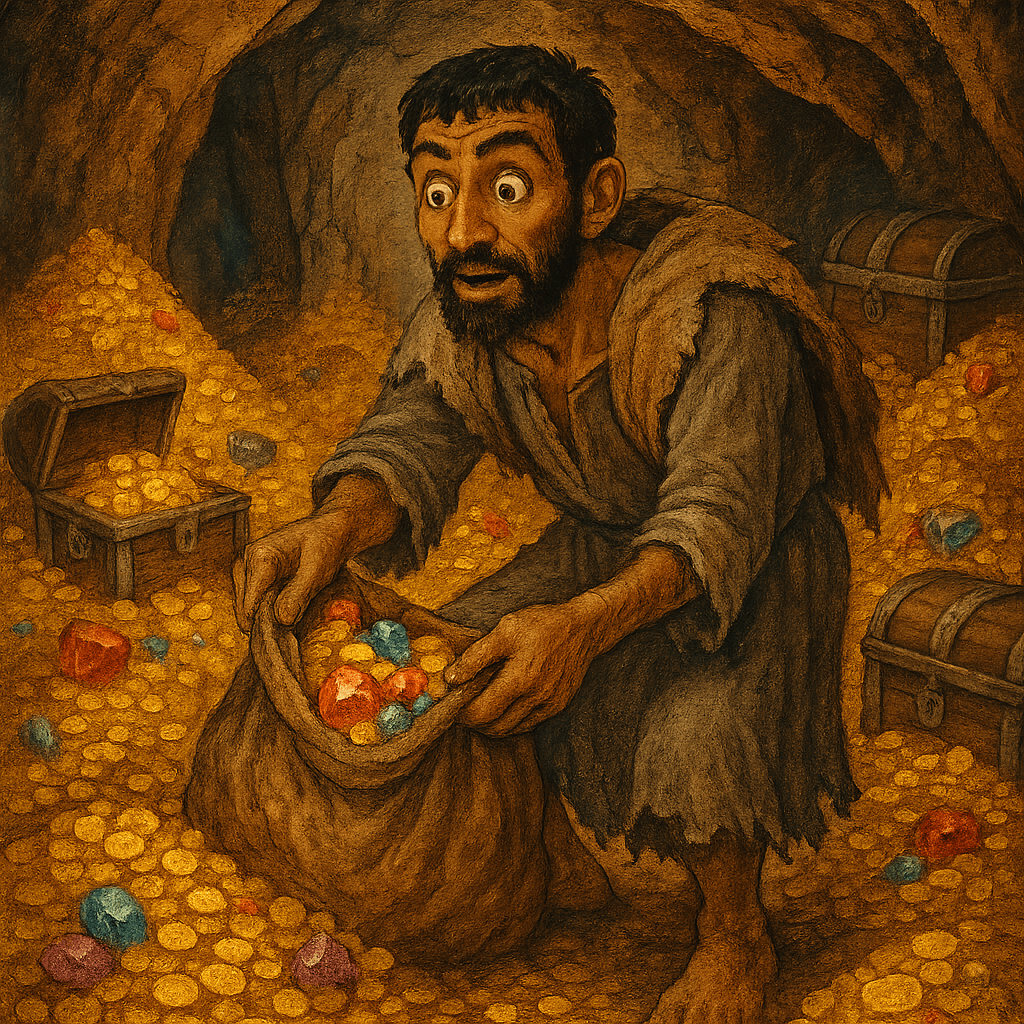 Нищий в пещере среди сокровищ наполняет мешок