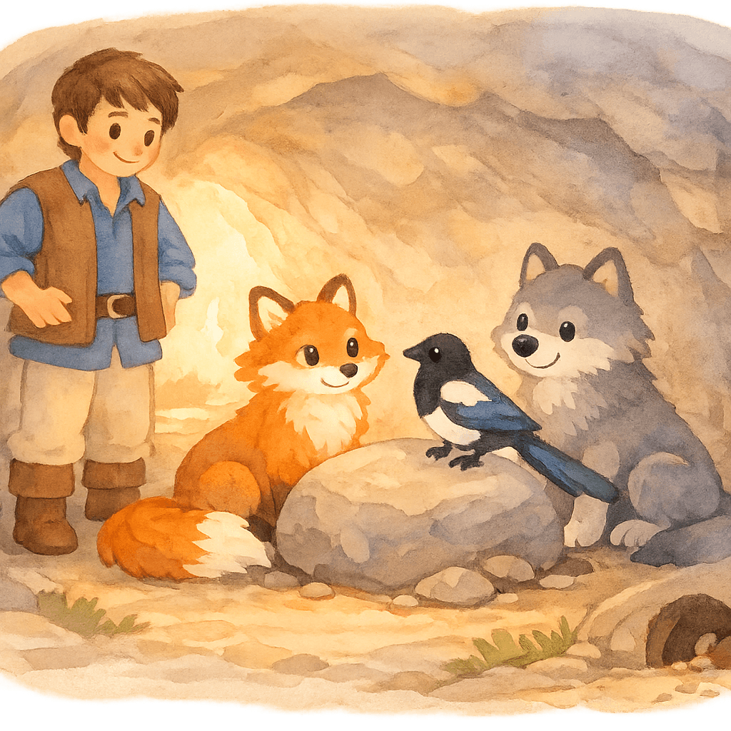 В пещере лисица, волк и сорока собираются вместе, Щедрый наблюдает