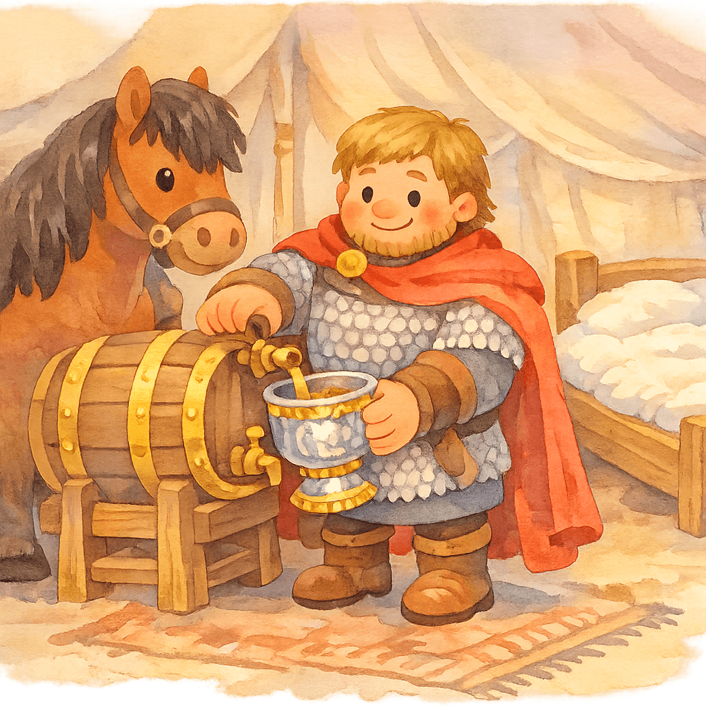 Добрыня пьёт в шатре вино из большой чарки