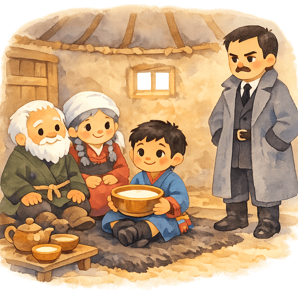 Ветхая юрта, мальчик с чашкой кумыса, старик и старуха, сердитый чиновник