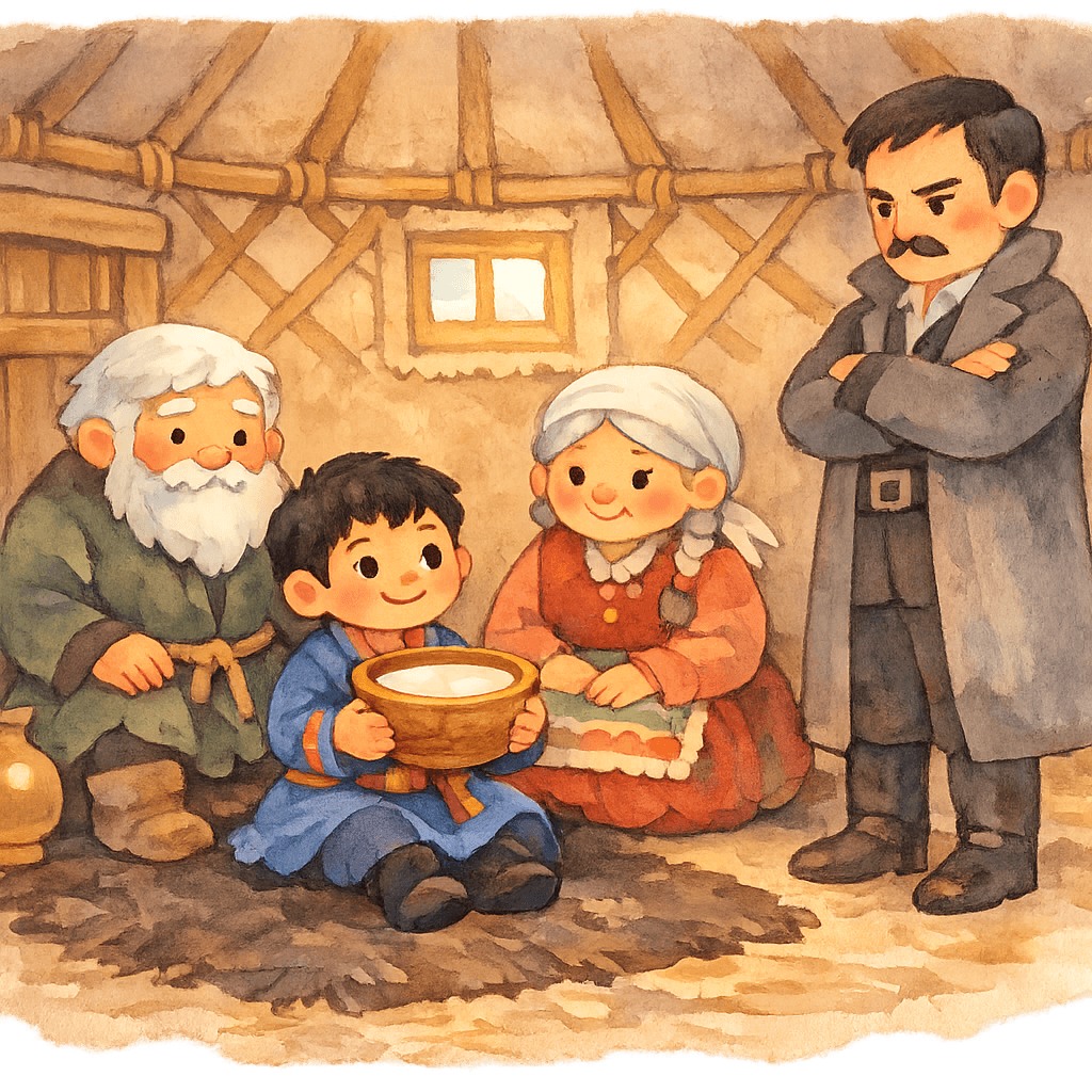 Внутри старой юрты мальчик с чашкой кумыса, рядом старик и старуха, напротив стоит строгий чиновник