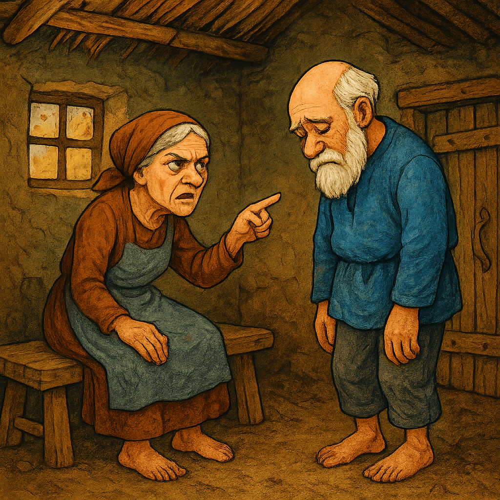 Старуха ругает старика в зарытой и убогой землянке.