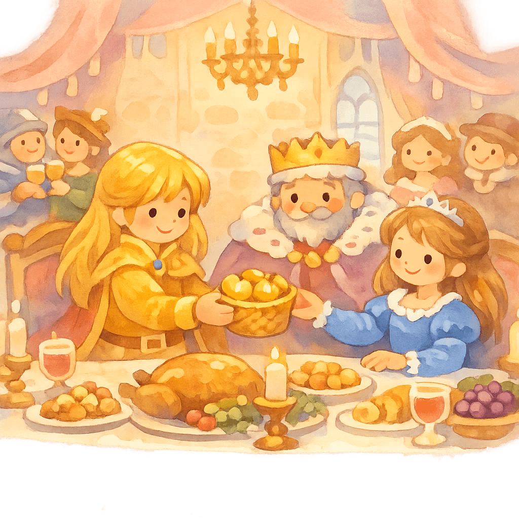 Принц и принцесса за свадебным столом с золотыми яблоками