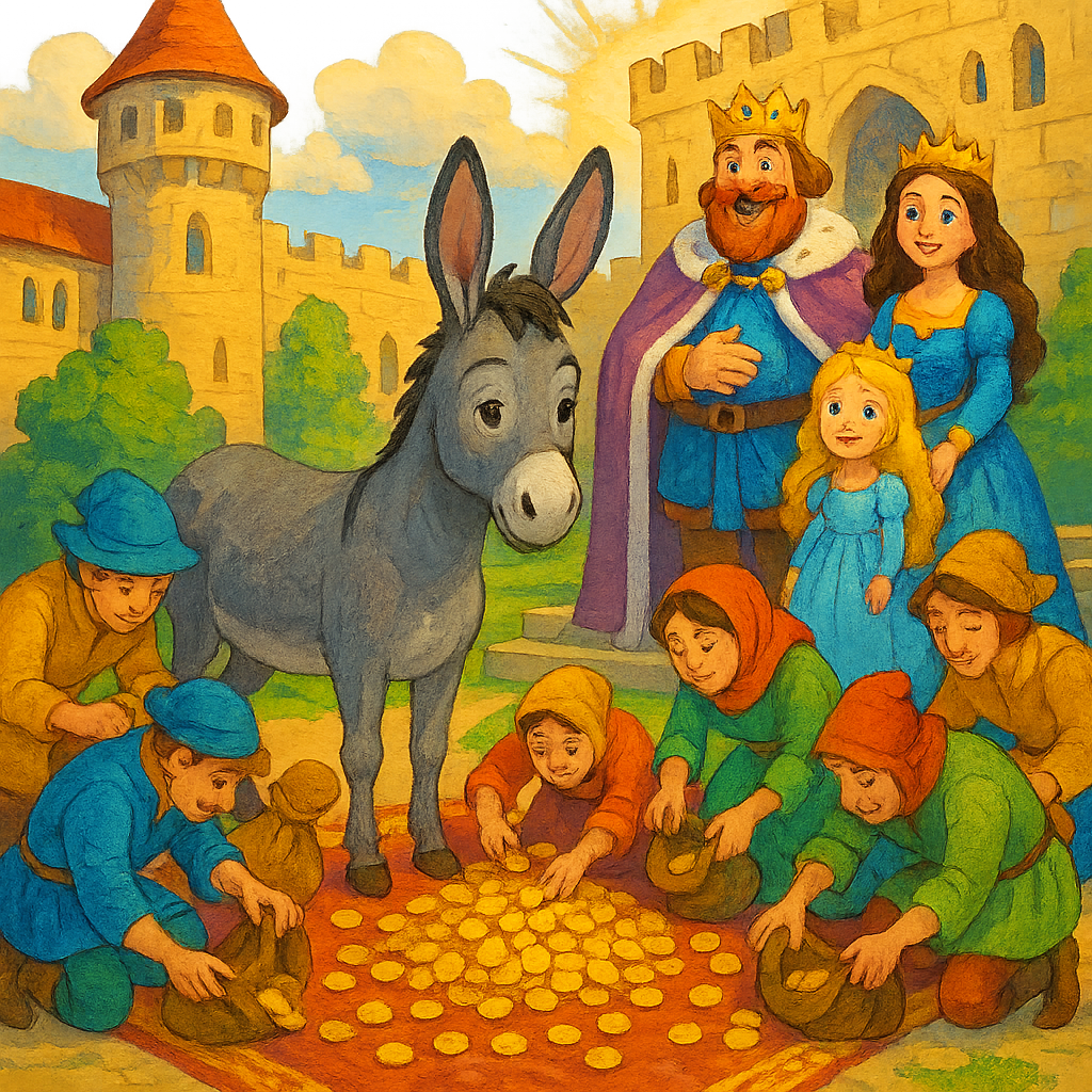 Осёл, оставляющий после себя золотые монеты, королевская семья рядом