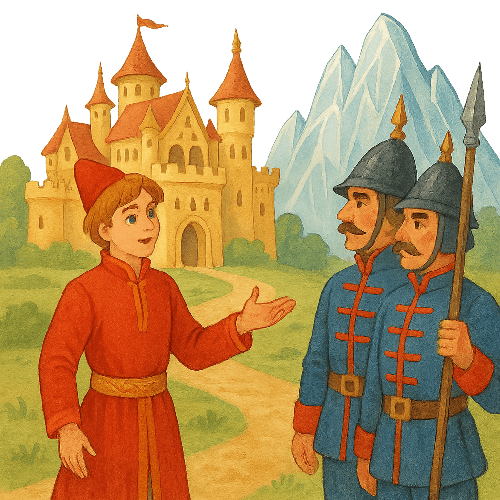 Иван-царевич говорит со стражами у дворца у подножия хрустальной горы.