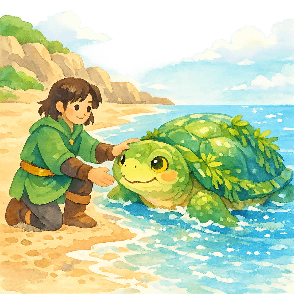 Воин освобождает черепаху-царя Дракона на берегу моря