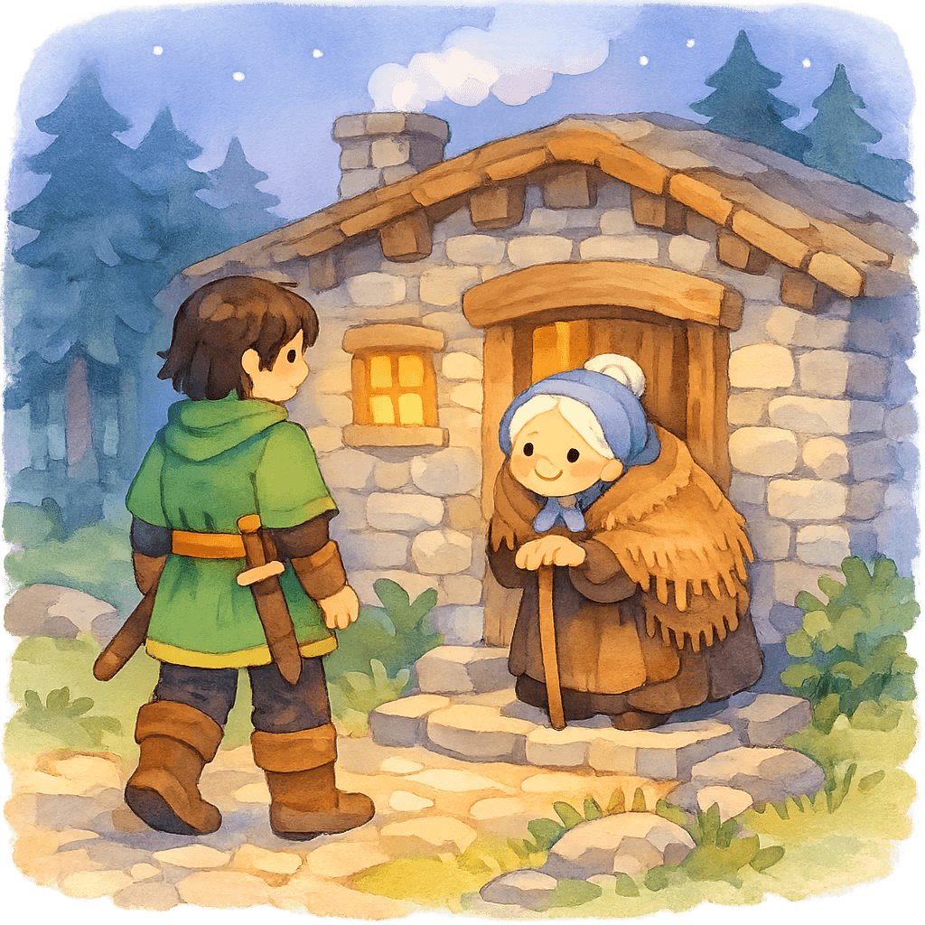 Воин просит ночлег у заботливой старушки в доме у подножья горы