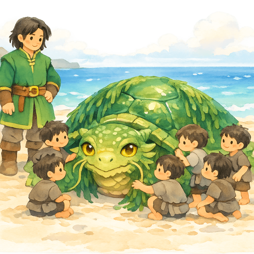 Воин спасает черепаху-царя Дракона от мальчишек на морском берегу