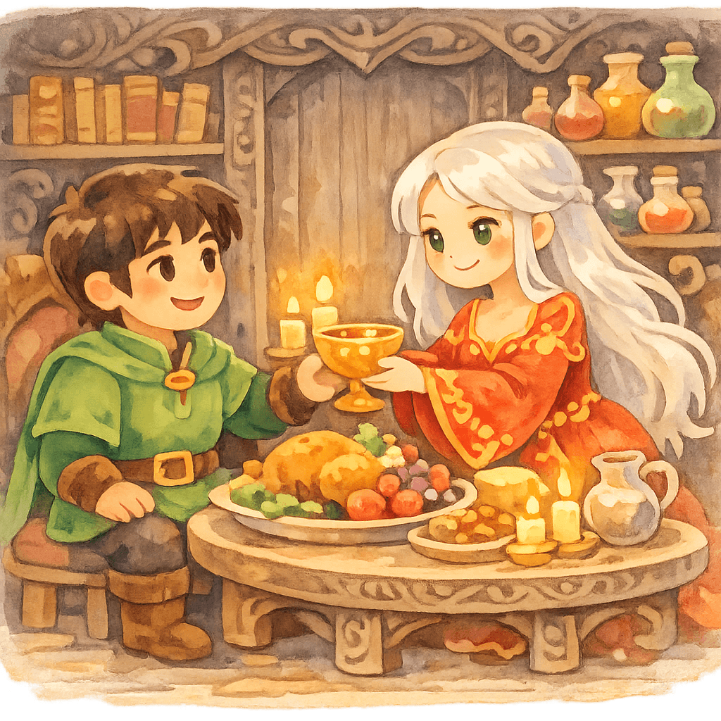 Колдунья угощает воина в сказочном доме, наполненном волшебством