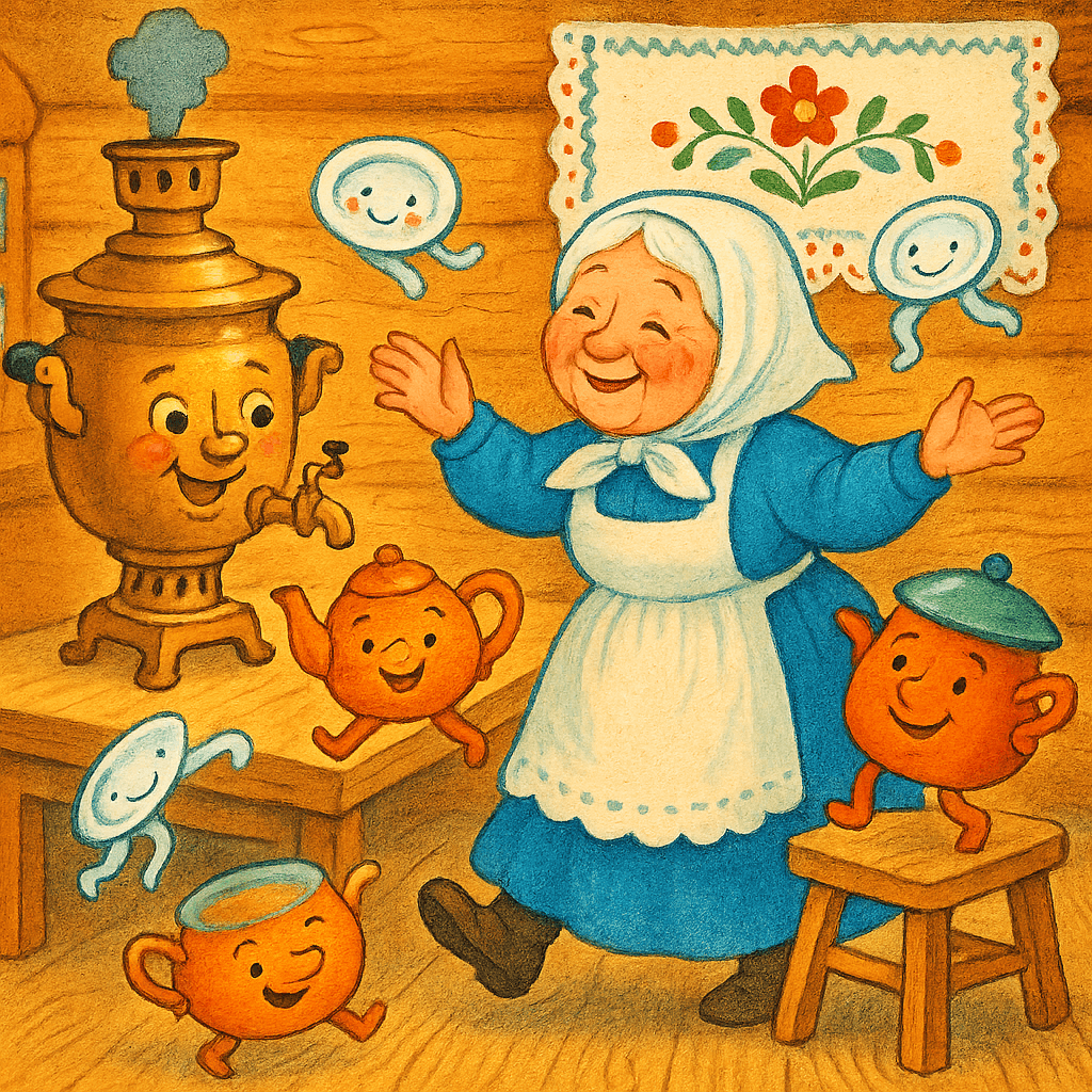 Веселая посуда и счастливый самовар на табуретке в уютной избе