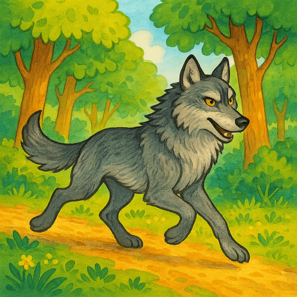 Взрослый волк бежит по лесу.