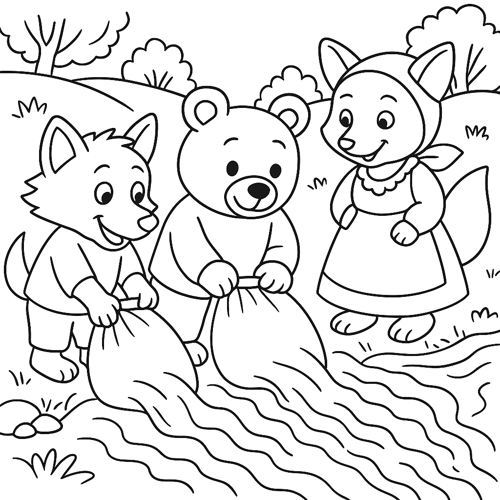 Раскраска по сказке "Лиса, волк и медведь"