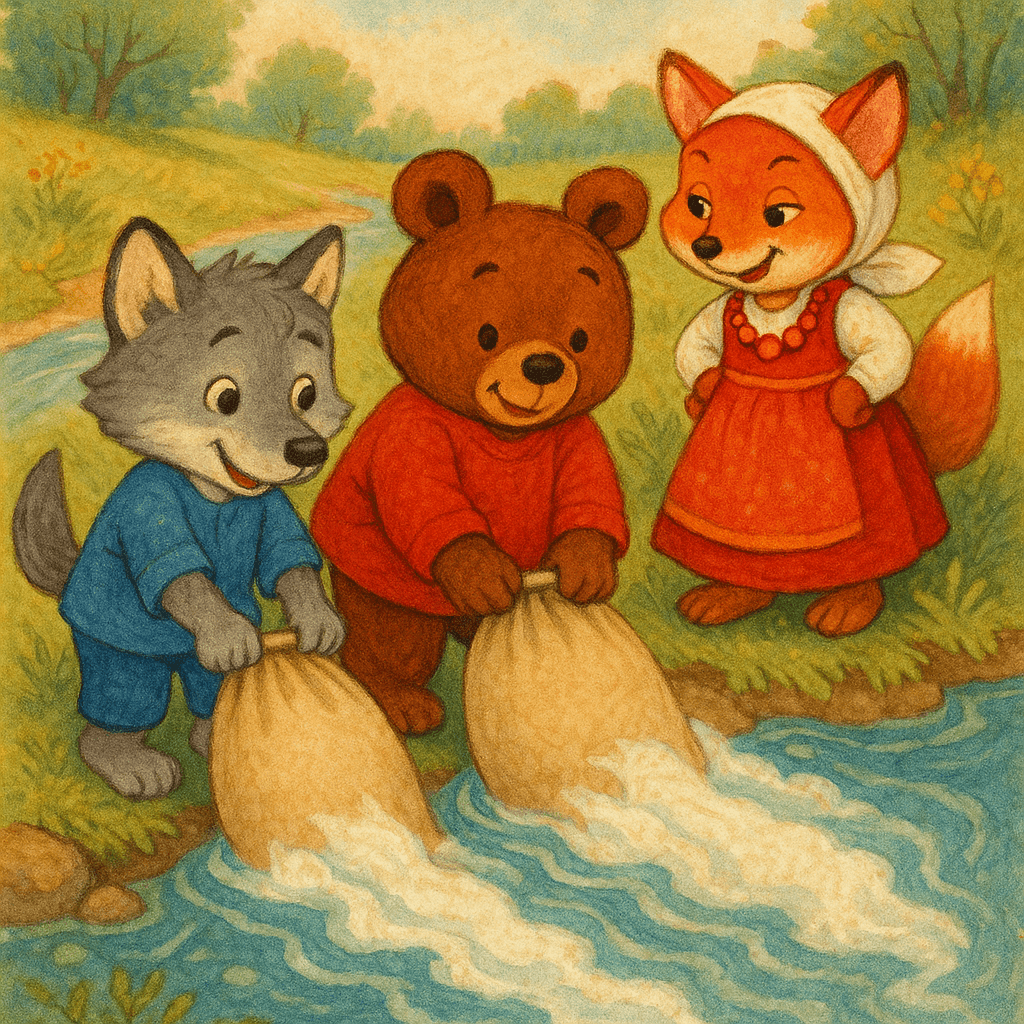 Волк и медведь у реки теряют свою муку, лиса смотрит хитро