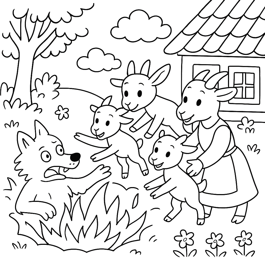 Раскраска по сказке "Волк и козлята"