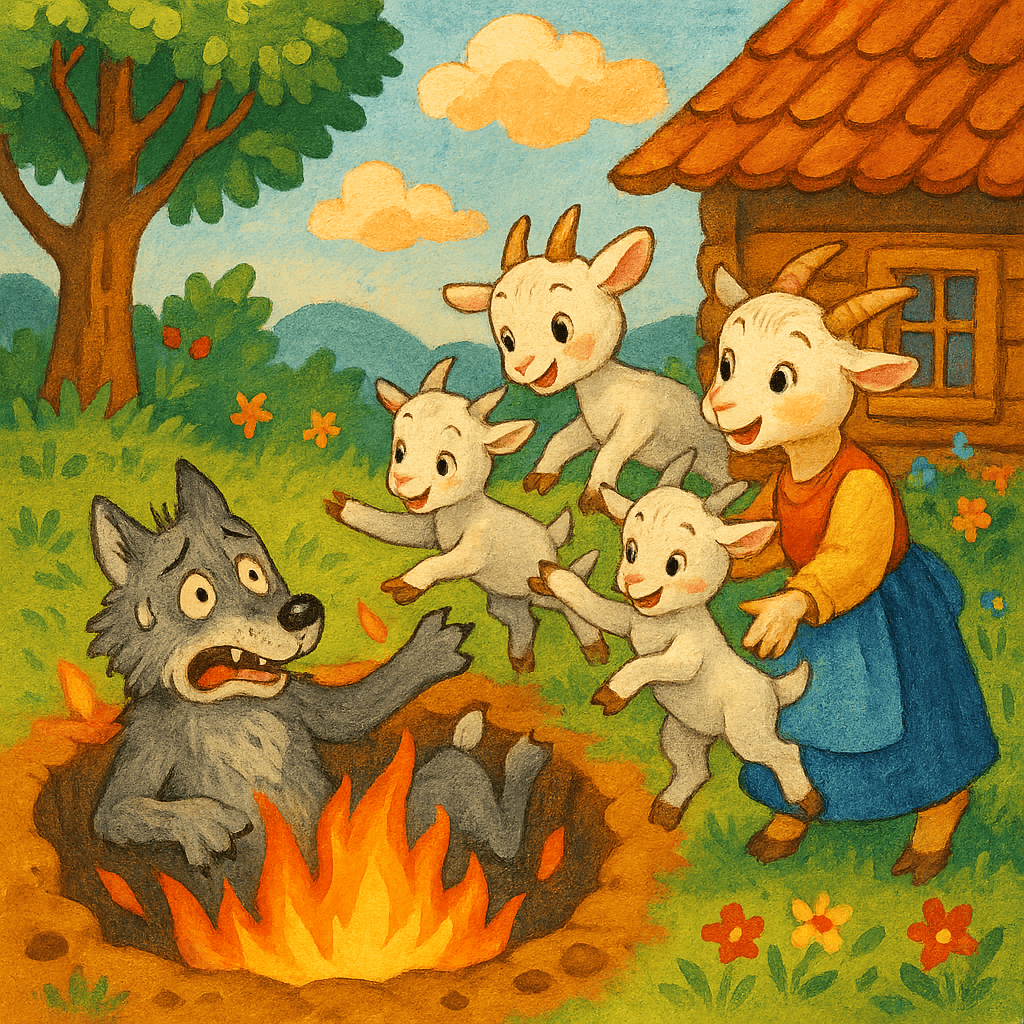 Волк в яме, козлята выскакивают.