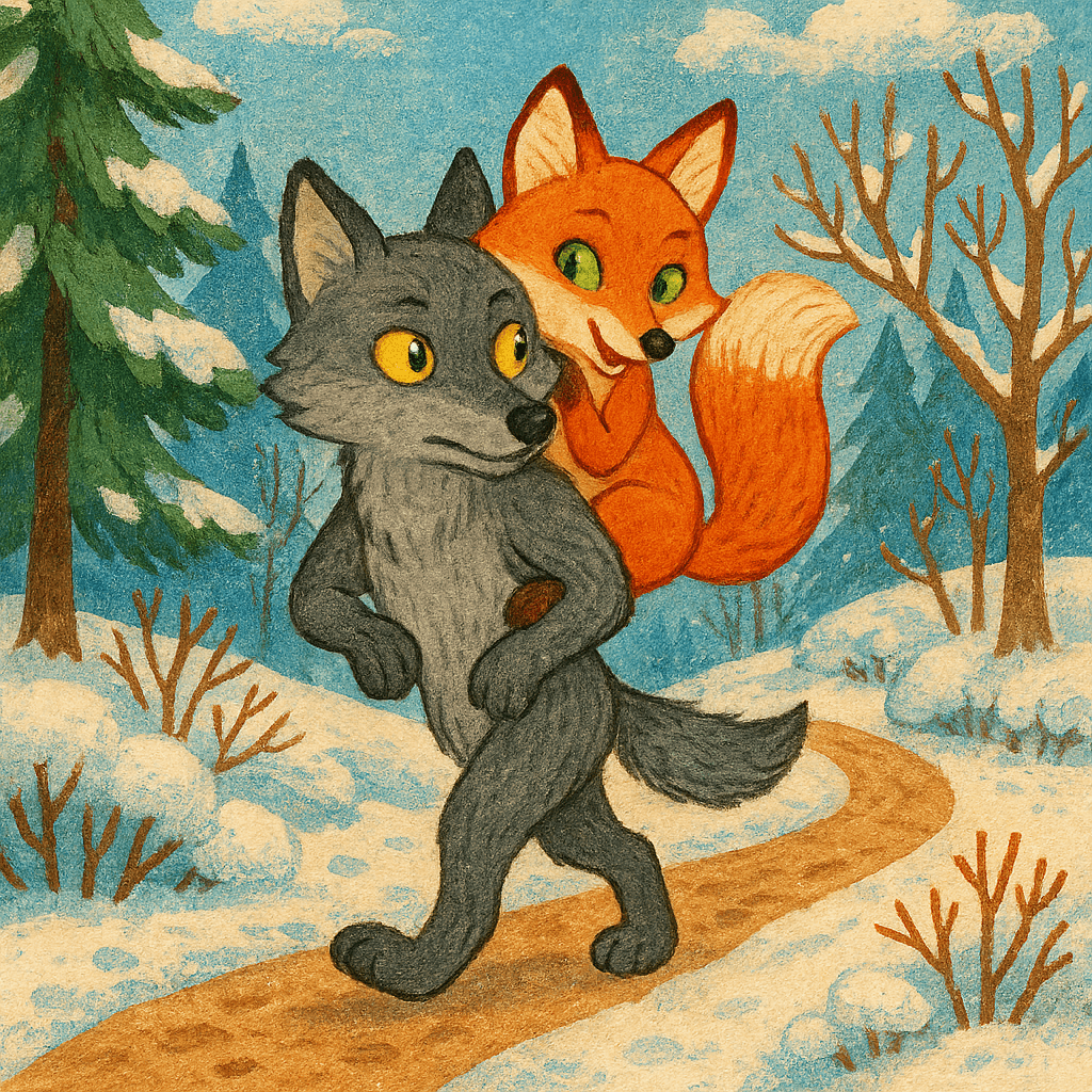 Волк несет на спине лисичку по зимнему лесу