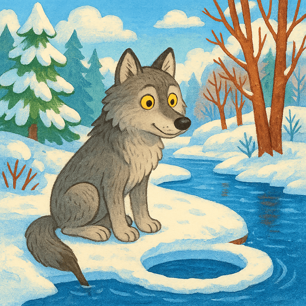 Волк сидит у проруби с хвостом в воде зимой