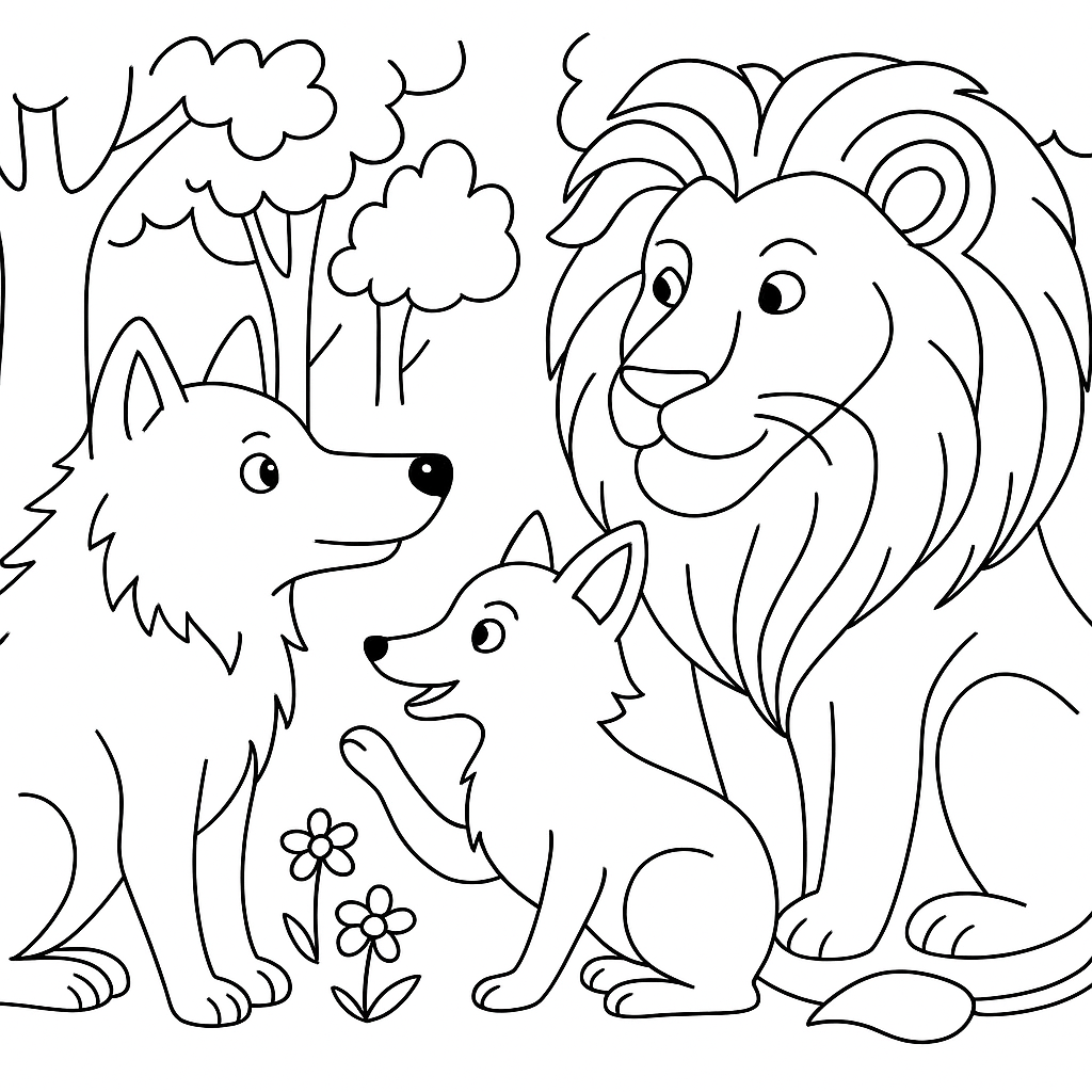 Раскраска по сказке "Лев, волк и лиса"