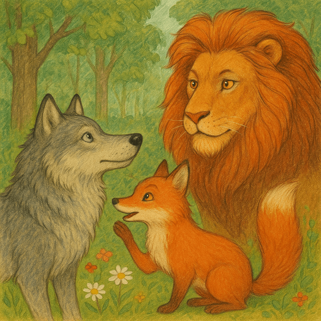 Волк мечтательно смотрит на льва, лиса шепчет волку